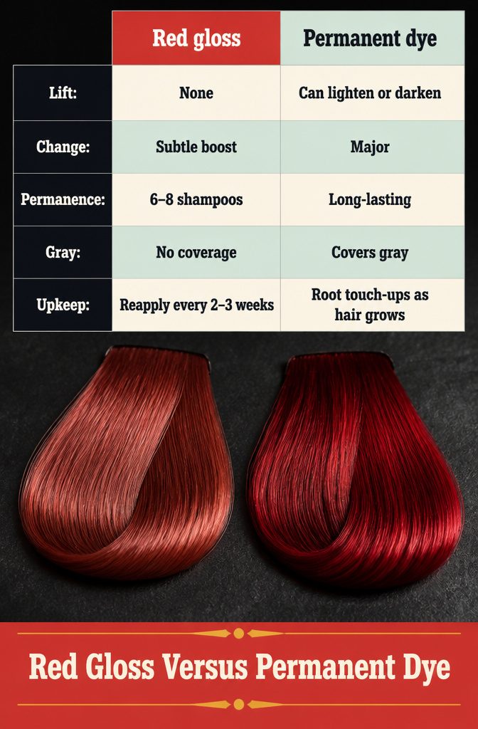 Red gloss and permanent dye comparison with hair color samples