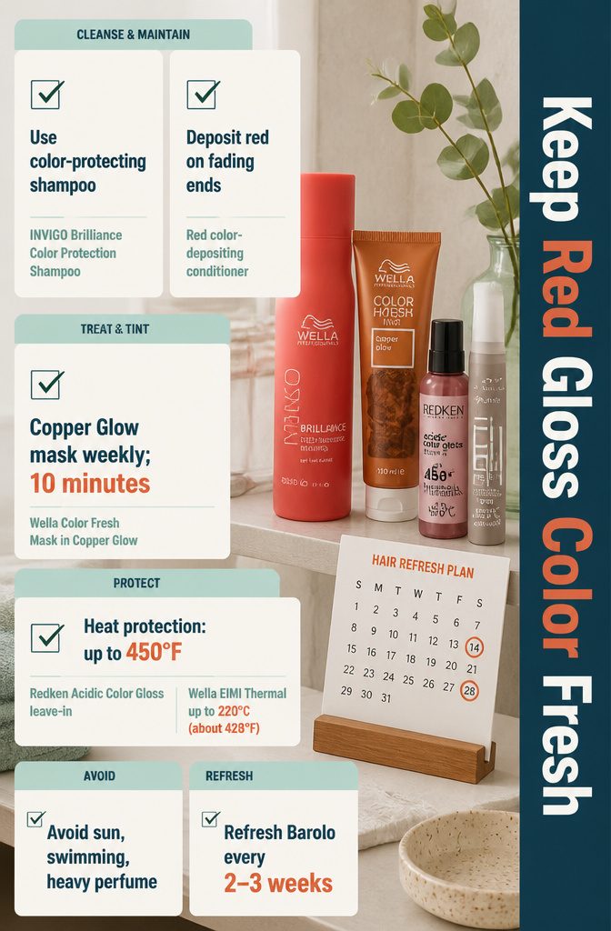 Hair care products for red color including shampoo conditioner and heat protectant