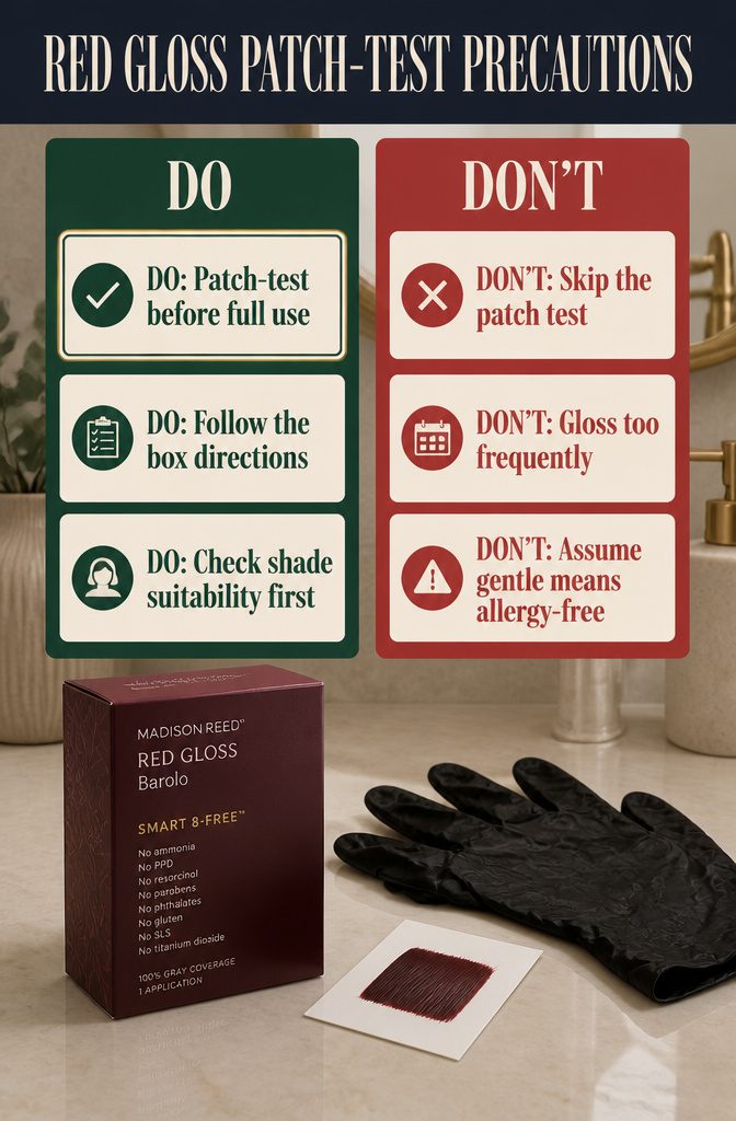 Red gloss patch test supplies beside a small skin test area