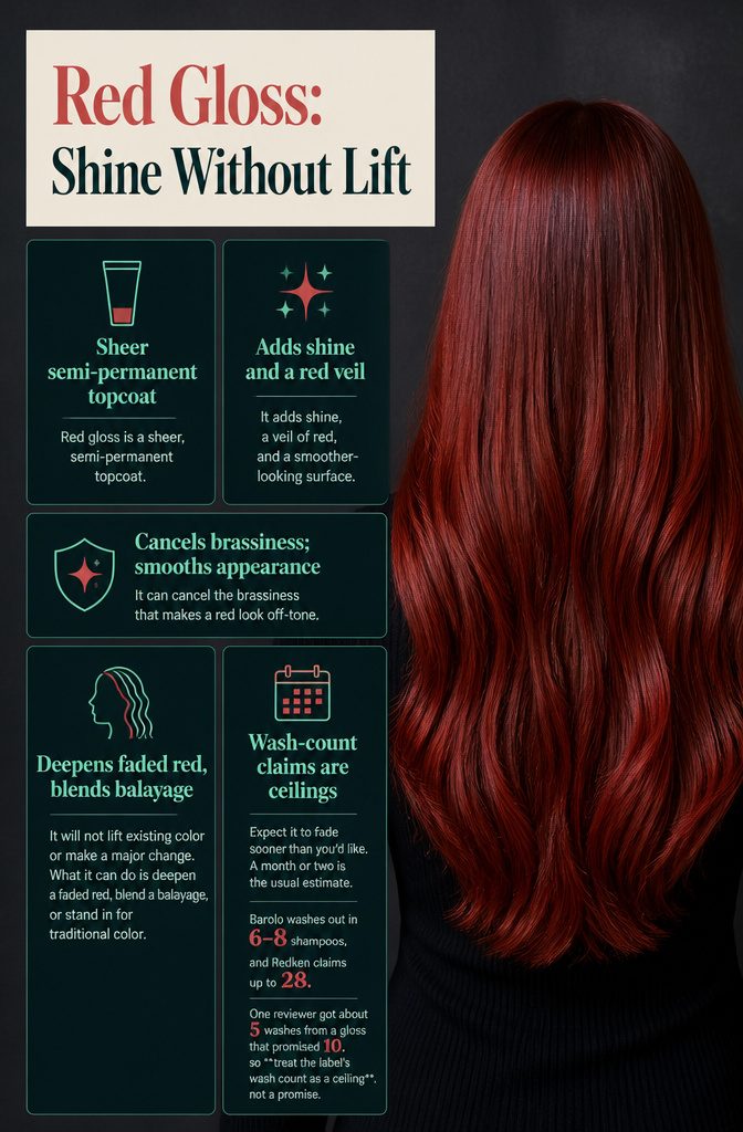 Red gloss bottle beside glossy red hair strands