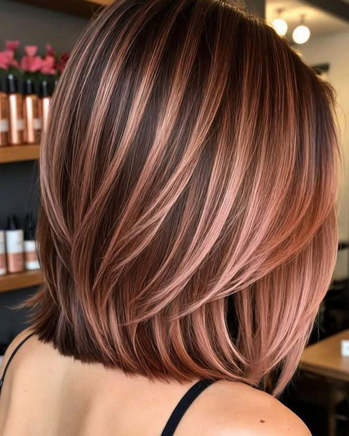 Sleek chin-length bob with dusty rose and pale pink highlights