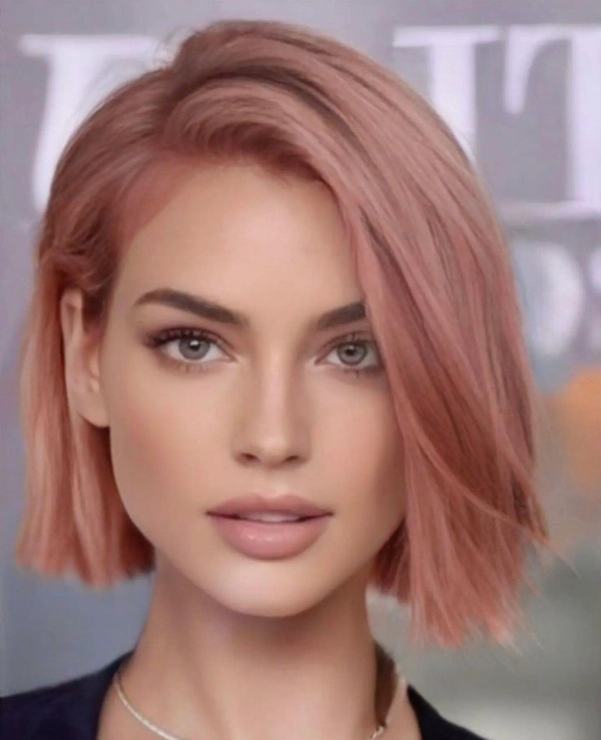 Woman with a chin-length dusty rose pink bob and softly layered ends
