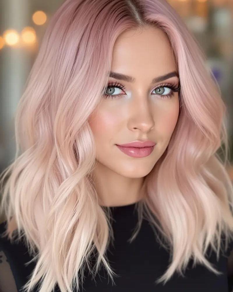 Woman with long rose-pink layered hair framing her face in loose waves
