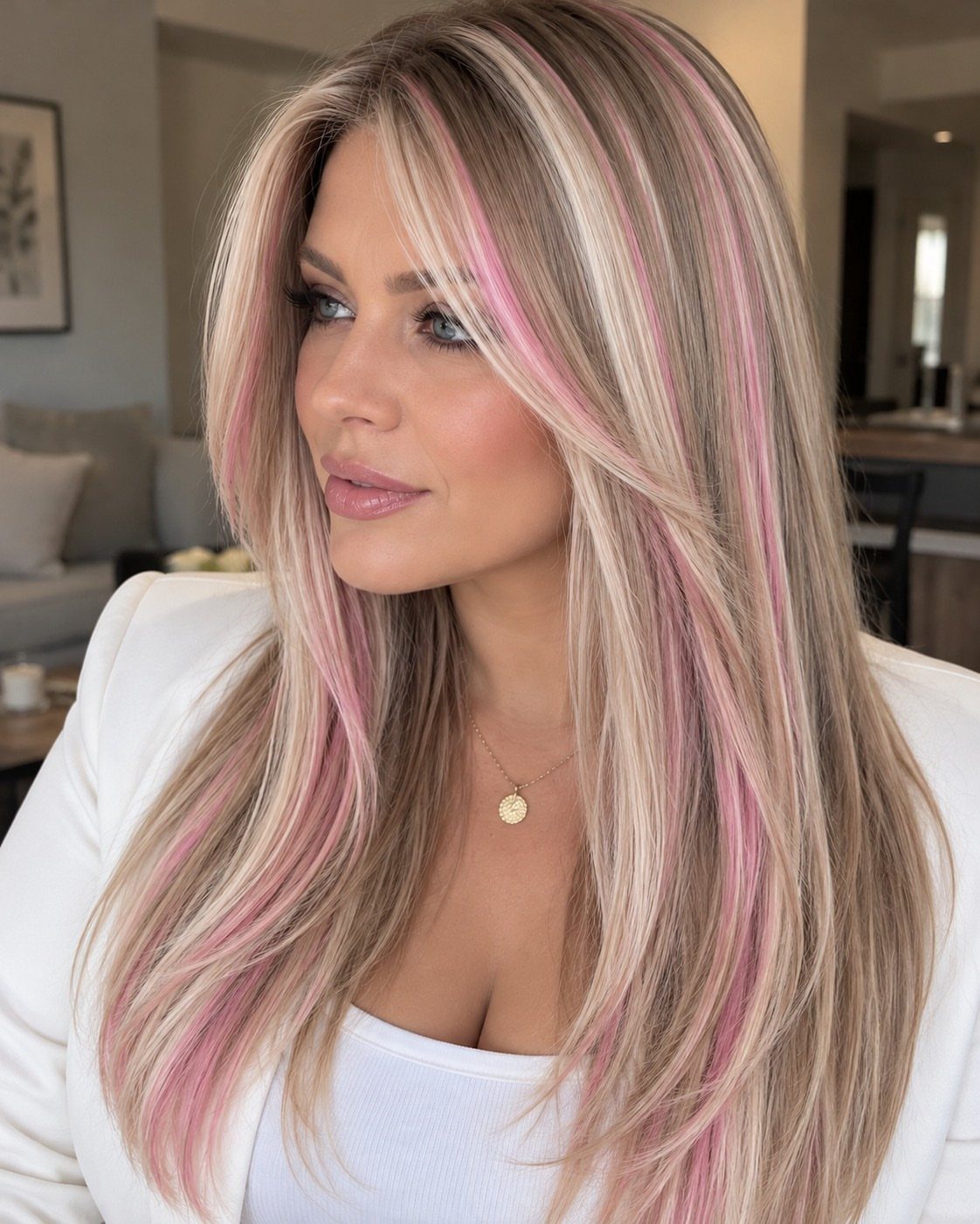Long straight blonde hair with pastel pink streaks and a center part