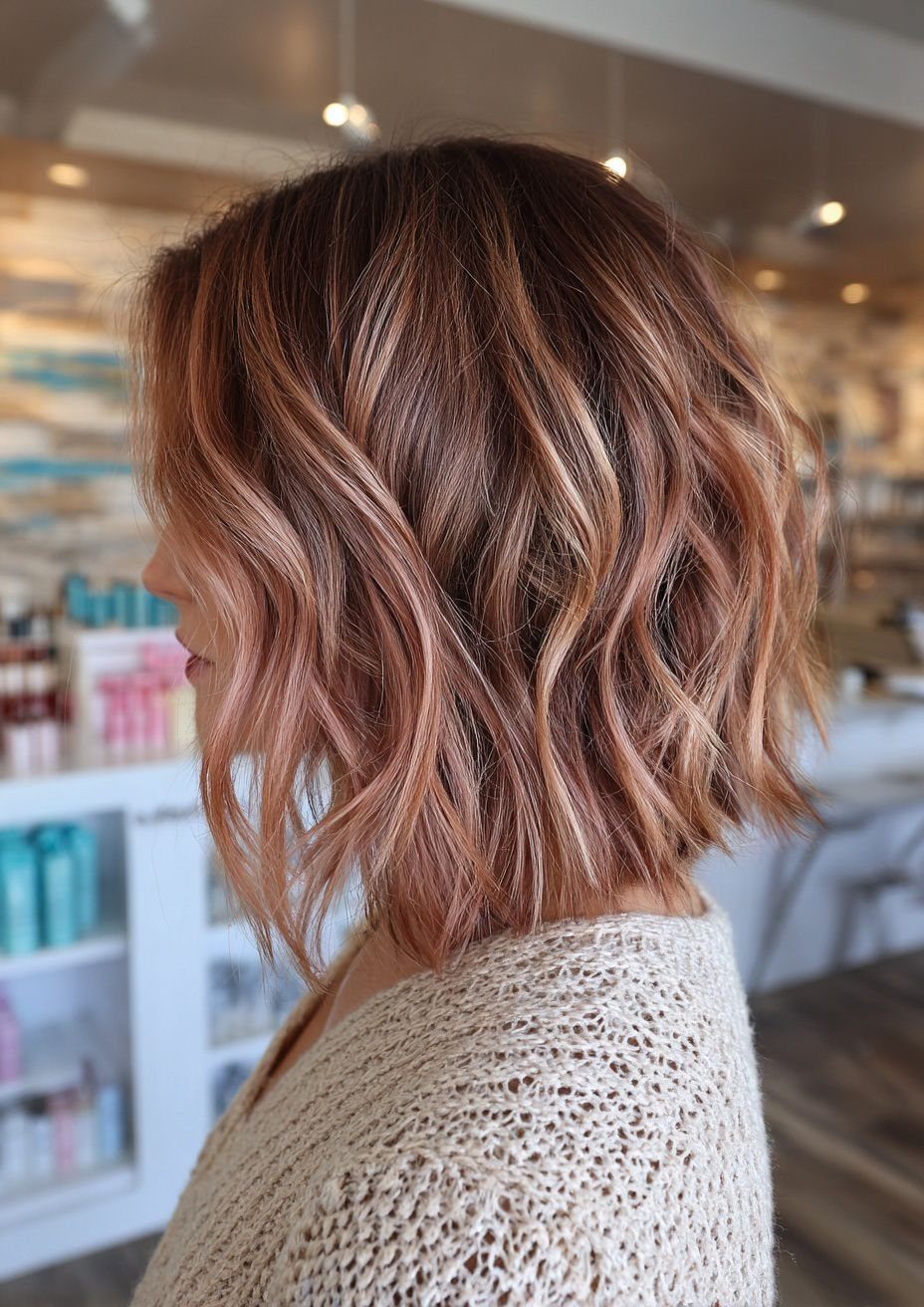 Shoulder-length bob with rose gold-pink highlights over darker copper roots in a salon