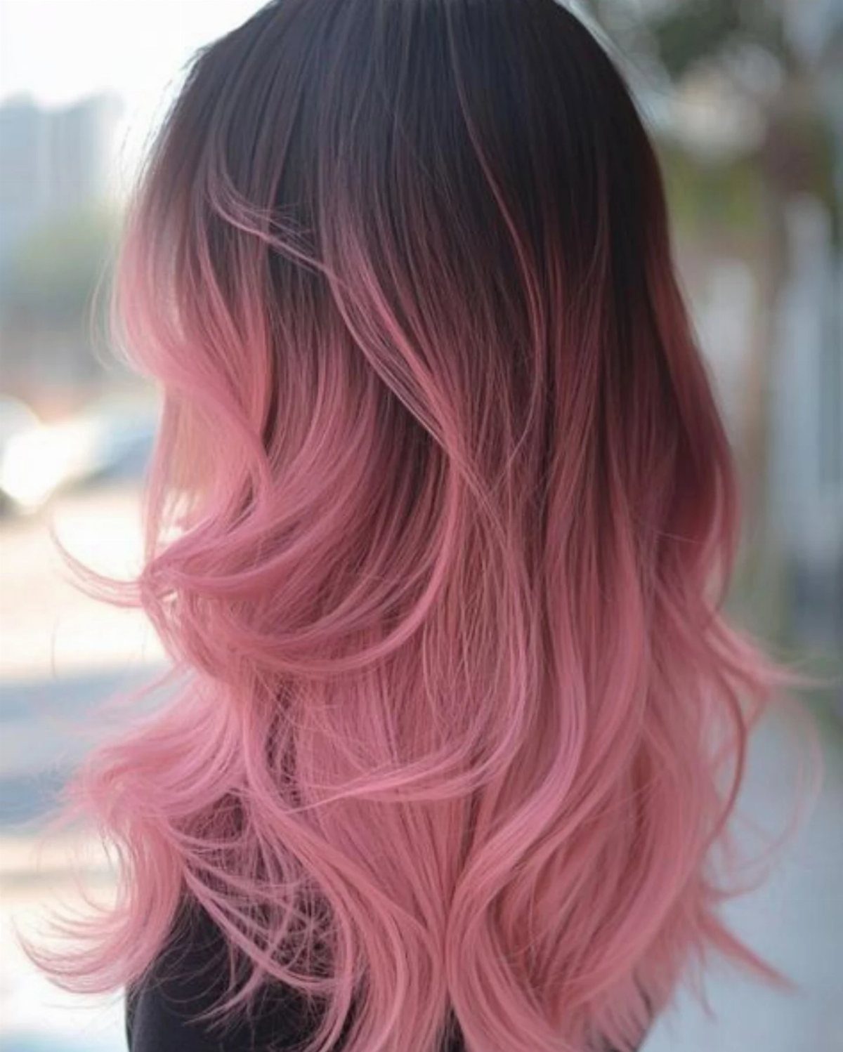 Long dark-rooted dusty pink hair styled in loose, tousled waves