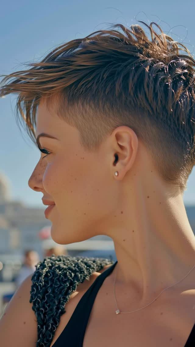 Woman with an asymmetrical pixie cut and long side-swept brown top