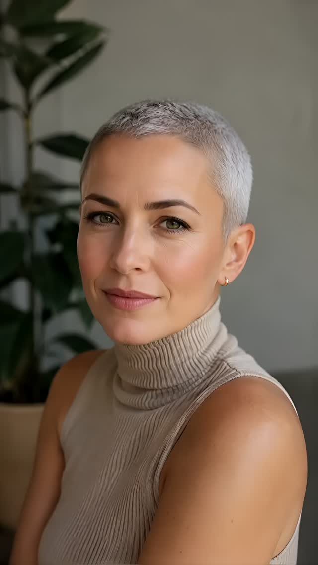 Woman with a close-cropped silver pixie haircut wearing a beige sleeveless turtleneck