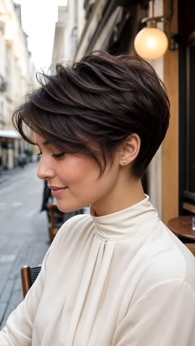 Woman with a dark, layered pixie haircut and swept, choppy strands
