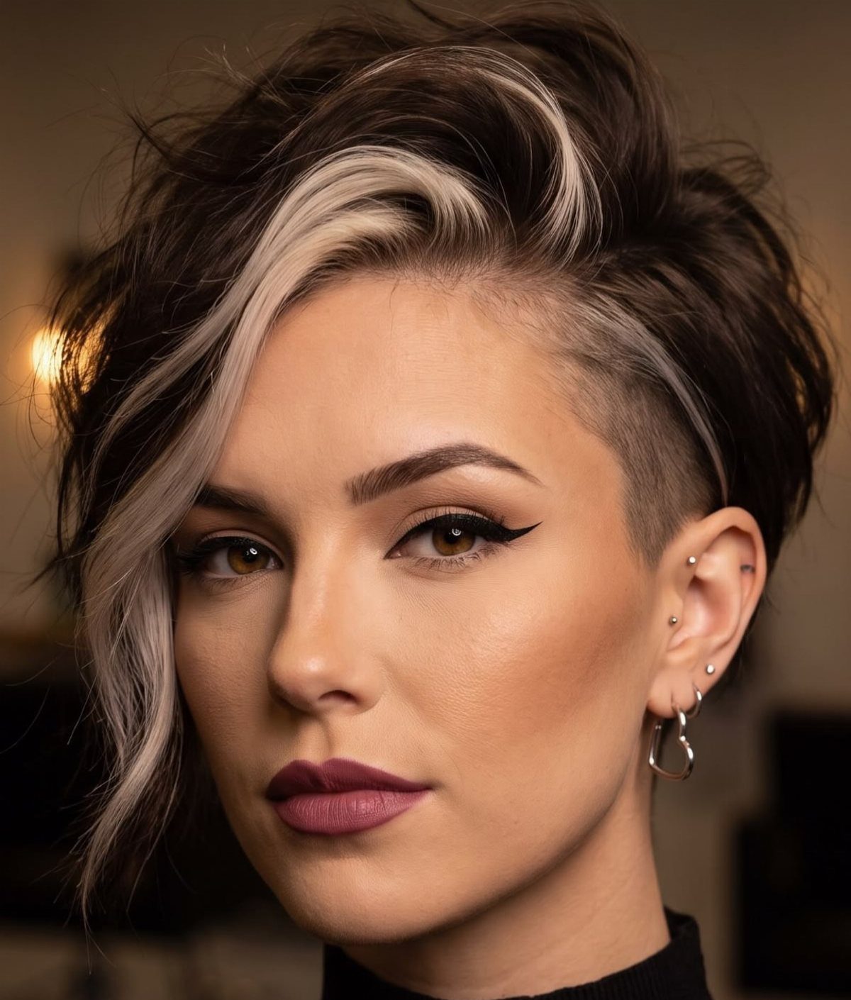 Woman with a tousled short dark haircut and a prominent blonde front streak