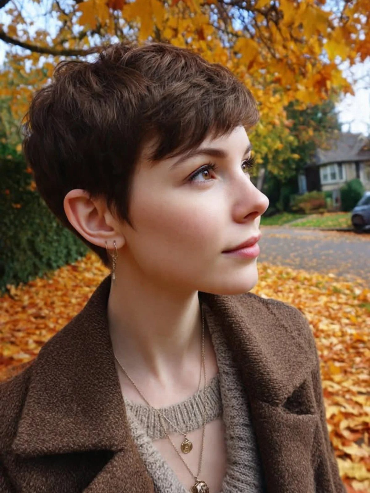 Woman with a long layered brown pixie haircut and side-swept fringe
