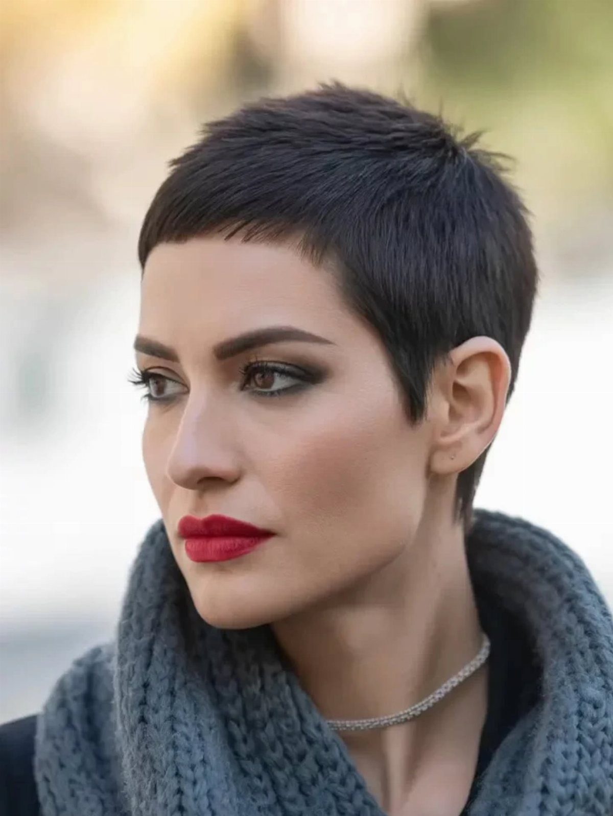 Woman with short dark pixie haircut and closely cropped bangs