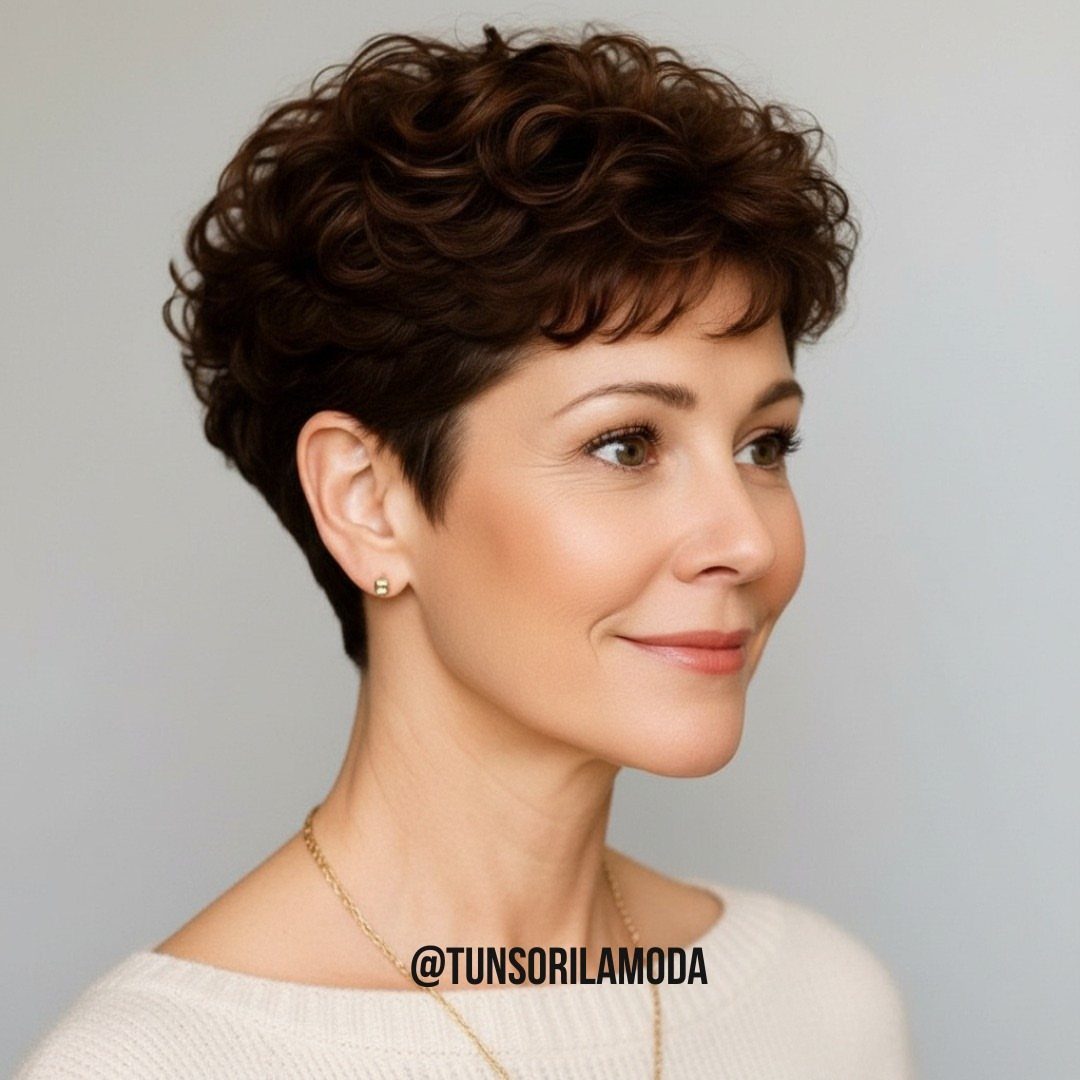 Woman with a sculpted dark curly pixie haircut and short sides