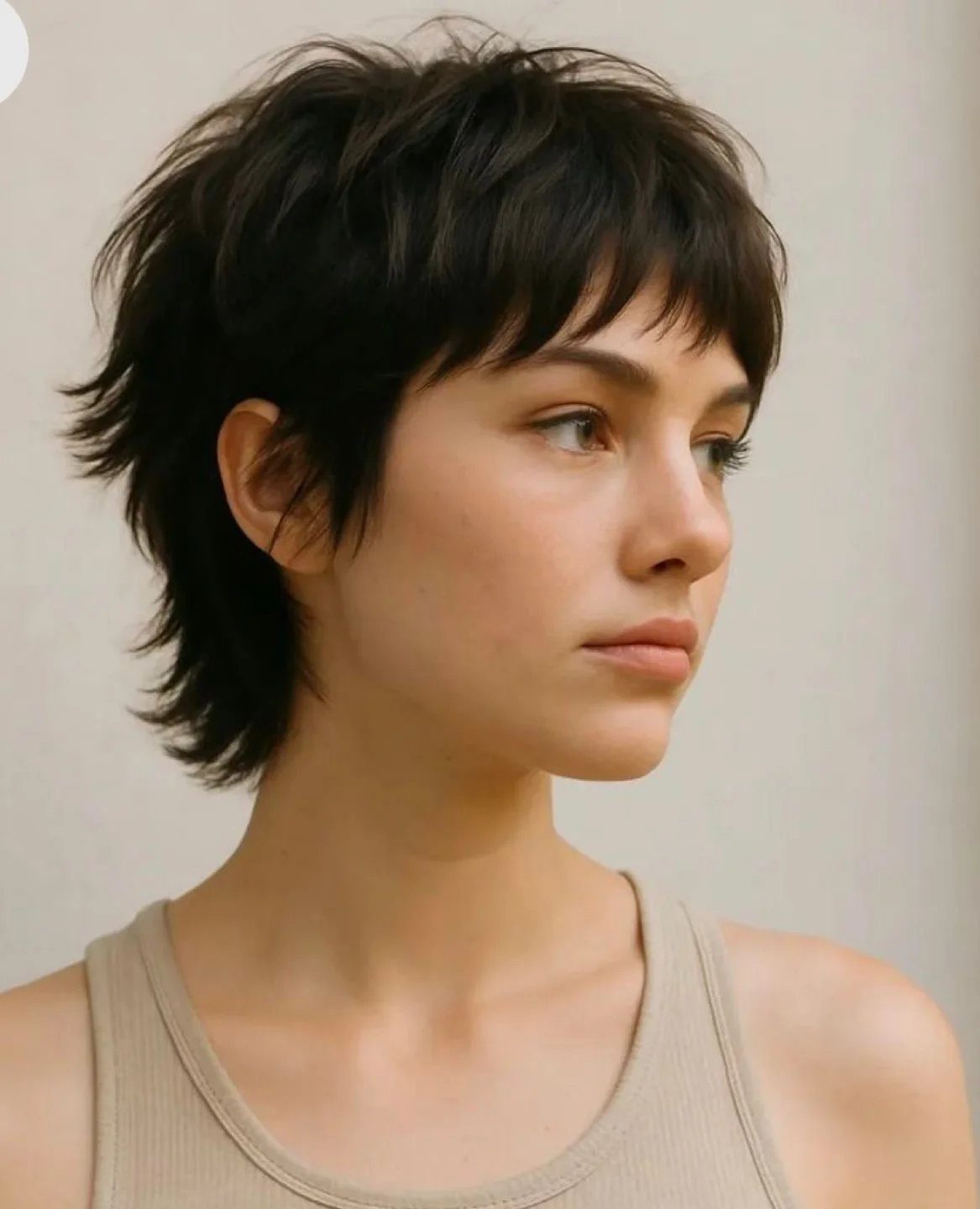 Short dark choppy shag with wispy bangs and separated layers
