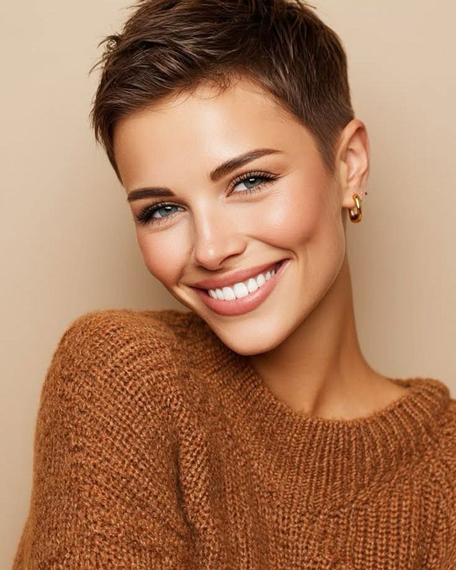 Smiling woman showing a textured short brown pixie haircut with swept pieces