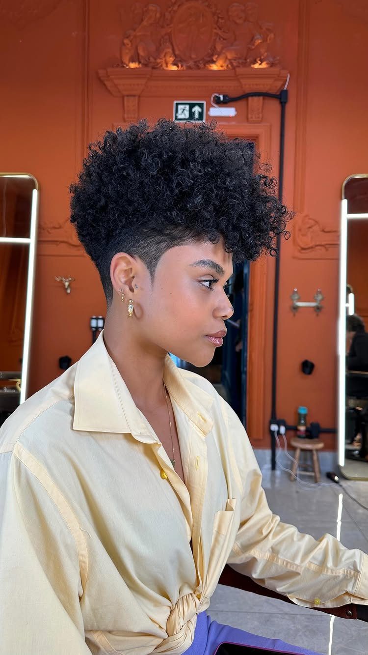 Curly top fade with voluminous natural curls and closely tapered sides