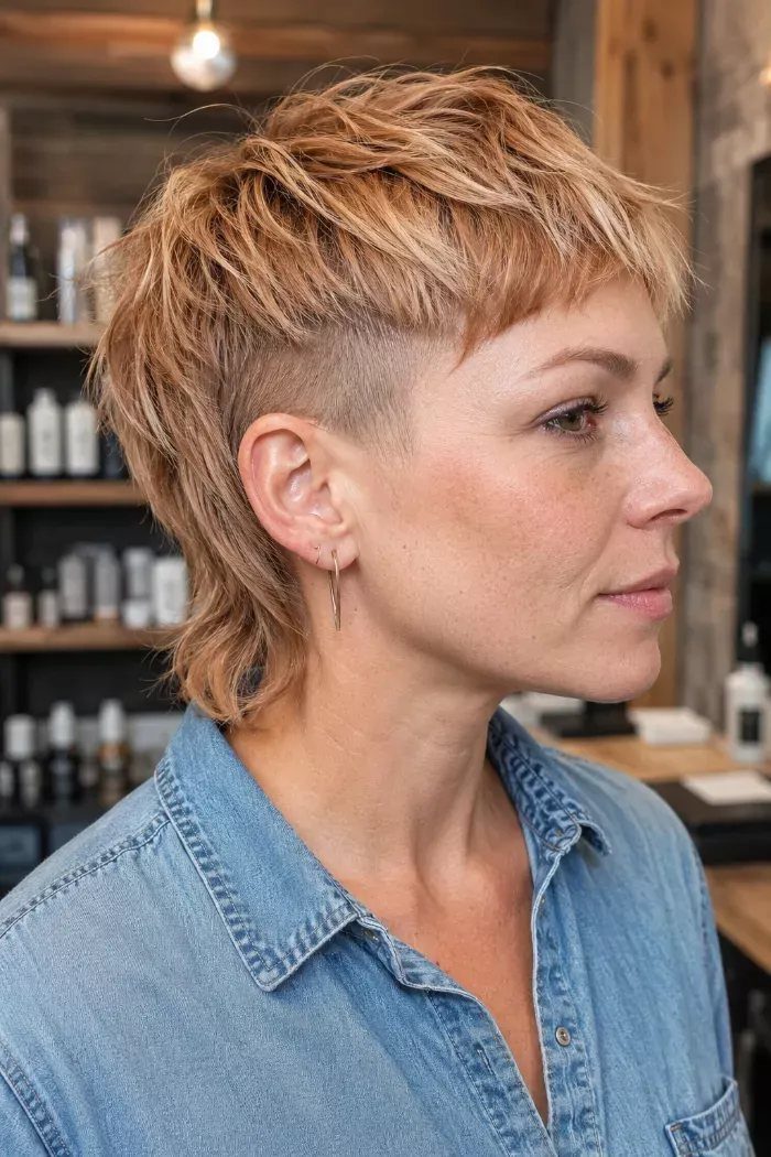 Woman showing a textured blonde long pixie with cropped sides and fringe