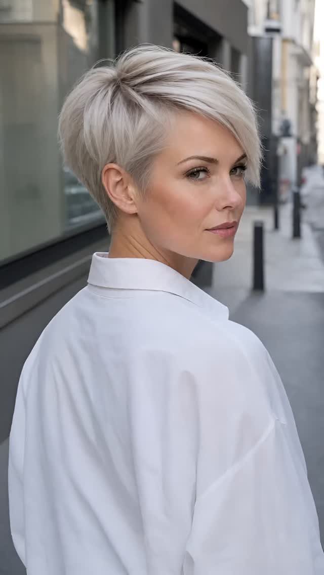 Woman with short silver-blonde hair swept across her forehead on a sidewalk