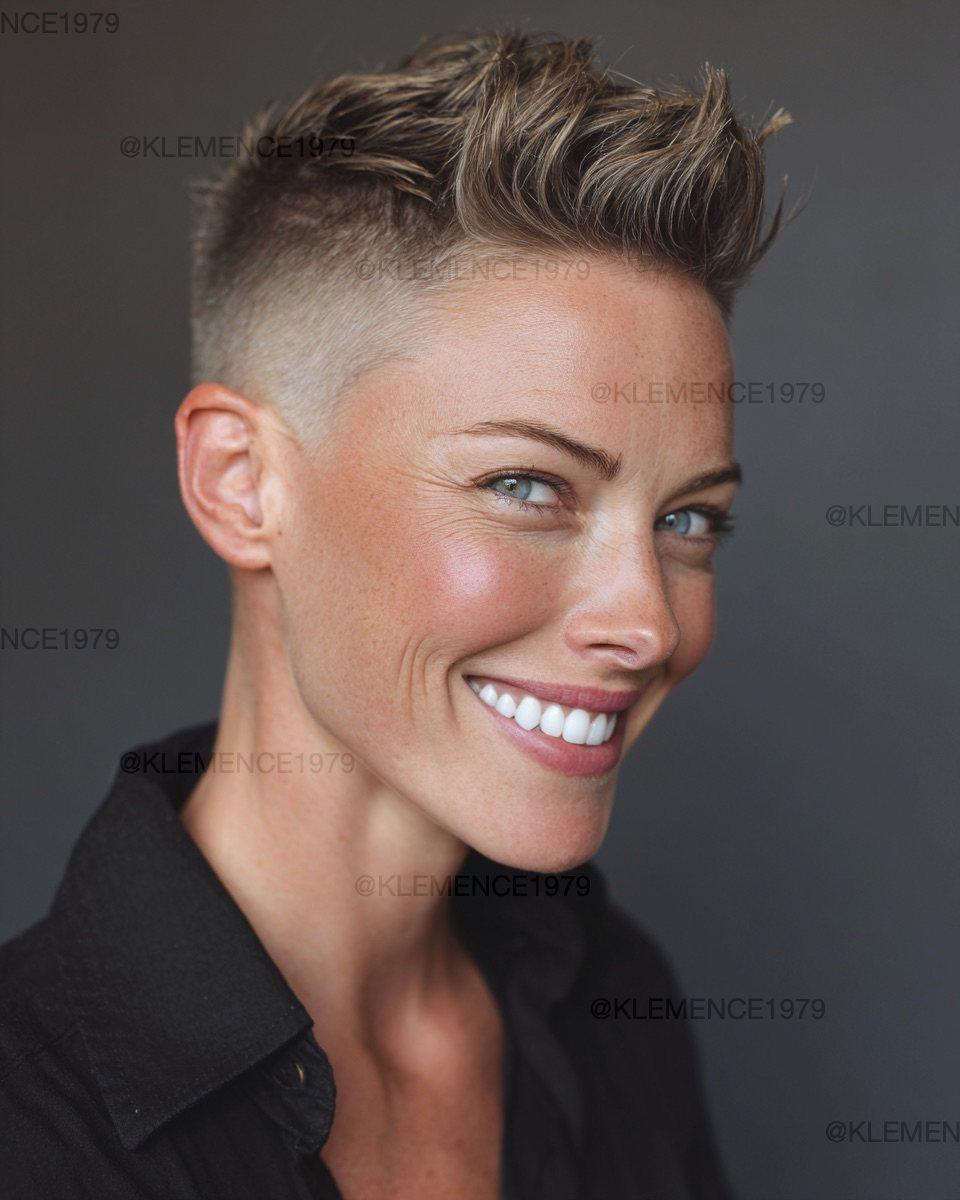 Person with short faded sides and a textured top styled upward