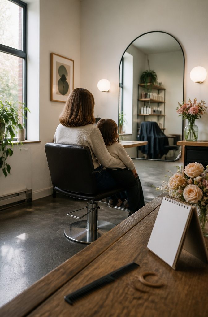 Woman looking at her reflection with loose hair over her shoulders