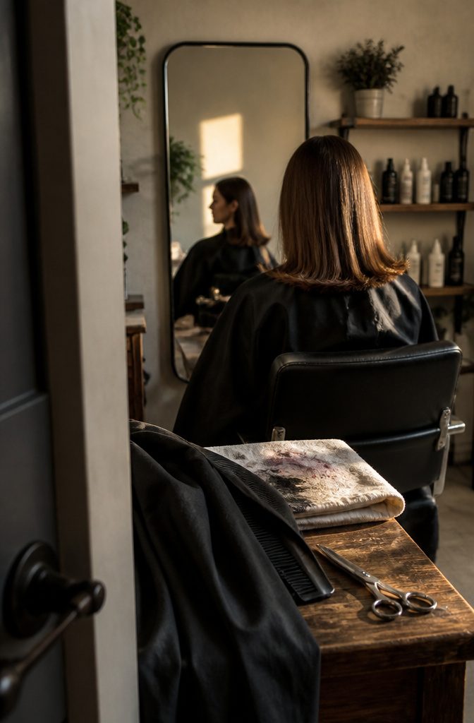 Woman assessing a blunt shoulder-length haircut in a salon mirror
