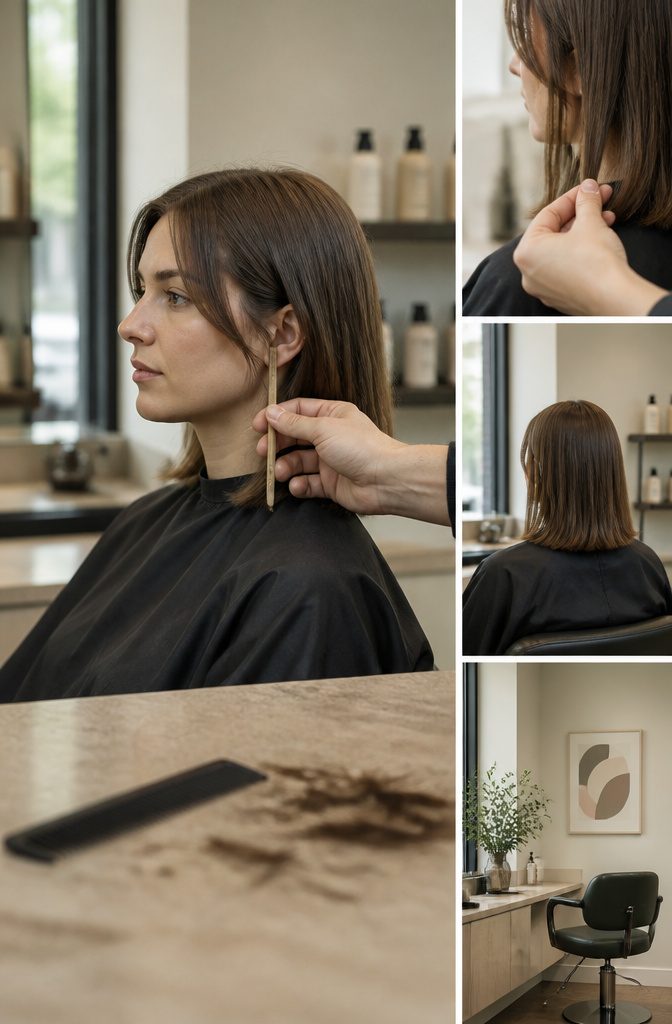 Woman examining her face and hair in a mirror