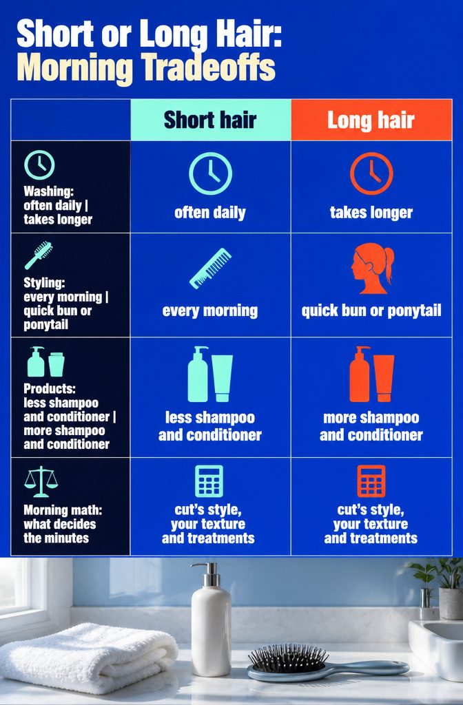 Beauty infographic comparing short and long hair routines