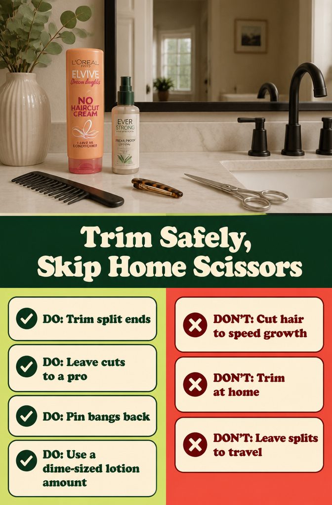 Beauty infographic about trimming hair safely and avoiding home scissors