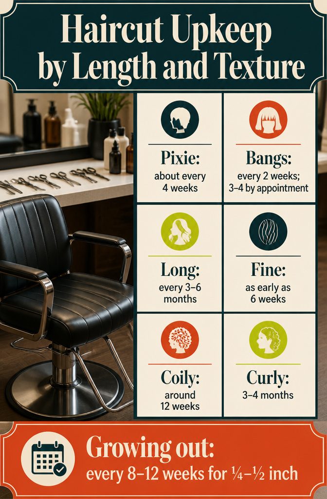 Beauty infographic listing haircut upkeep for lengths and hair textures