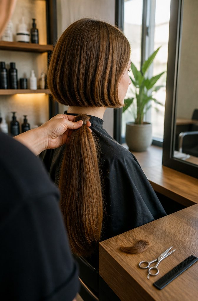 Woman looking at her reflection with her hair framing her face