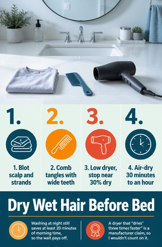 Graphic showing steps to dry wet hair before bed