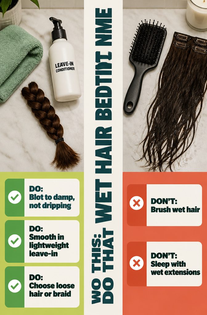 Graphic comparing bedtime steps for wet hair