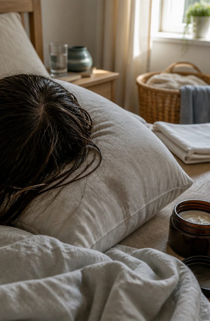 Damp hair on pale cotton pillow with scalp visible