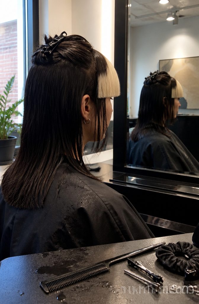 Platinum blonde fringe with a clean edge above dark hair