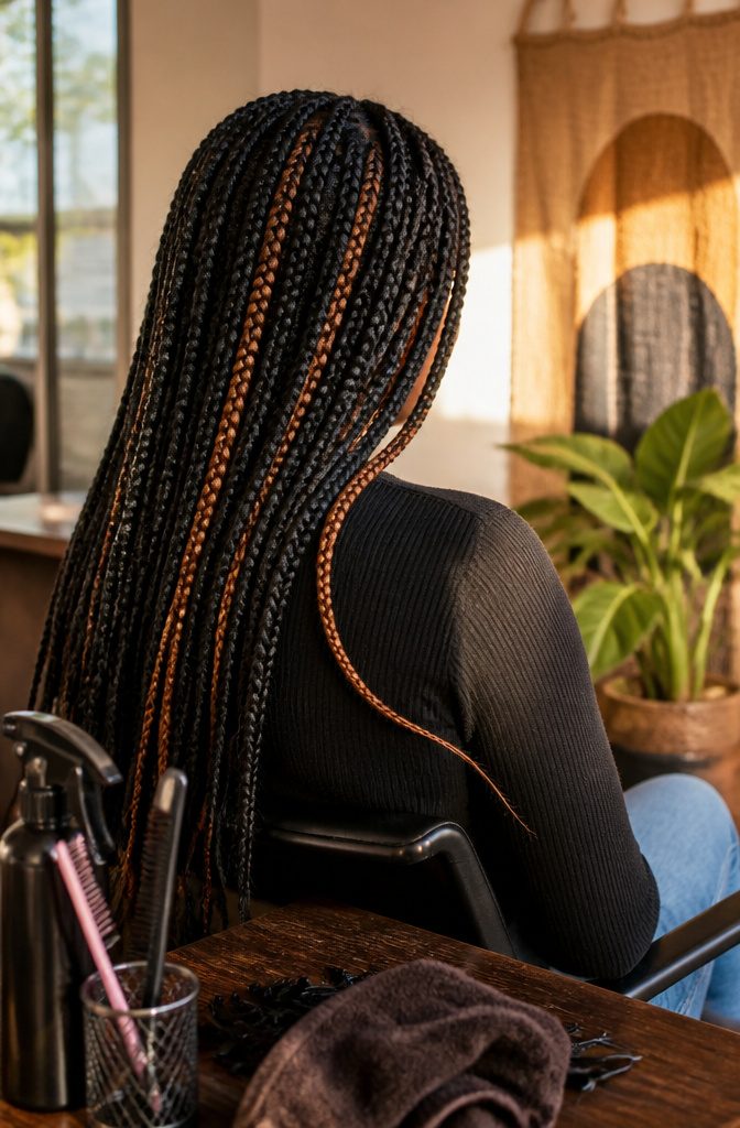 Bronze-auburn box braids spaced among natural dark braids