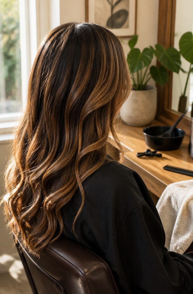 Soft caramel blonde streaks through warm brown wavy hair