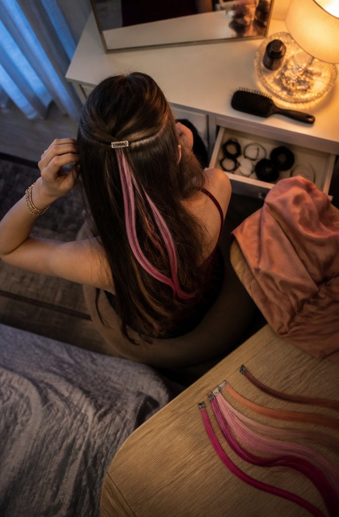 Colored clip-in hair extensions attached to natural hair