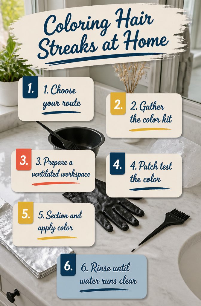 Instructional graphic listing steps for coloring hair streaks at home