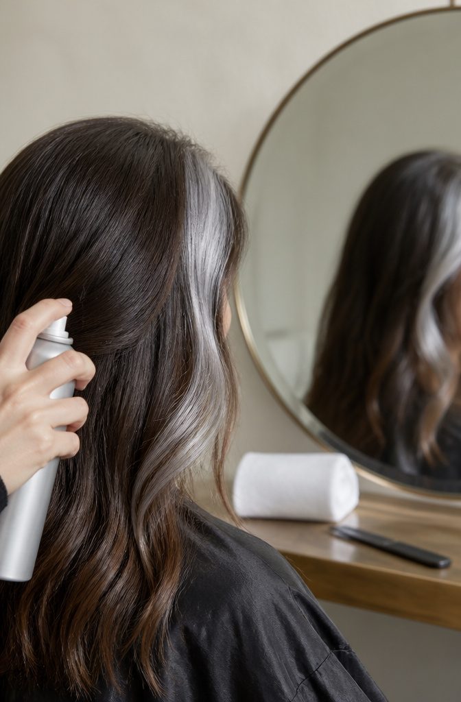 Silver hair streak beside the face against dark brown hair