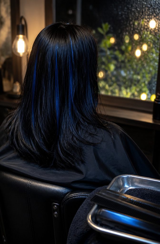 Deep indigo streaks against black hair