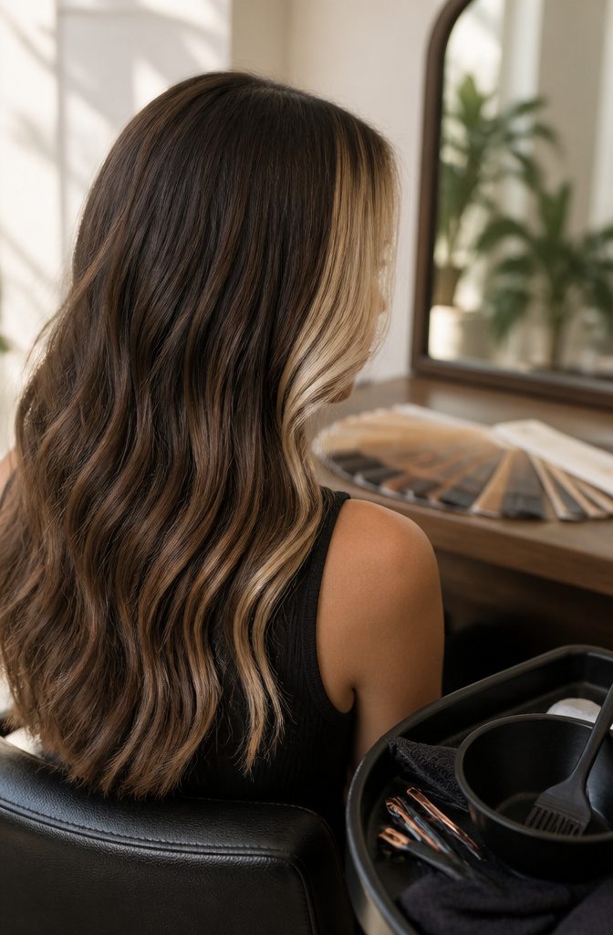 Lightened front hair sections framing the face