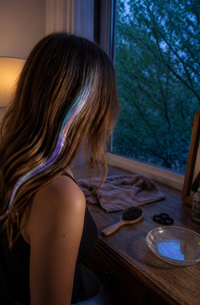 Iridescent streak shifting between blue violet and pale silver