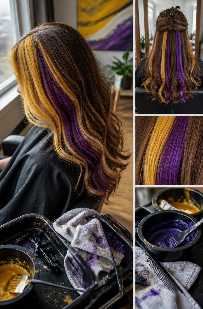 Gold and royal purple streaks arranged through the hair