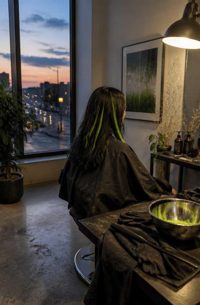 Neon green streaks framing the face