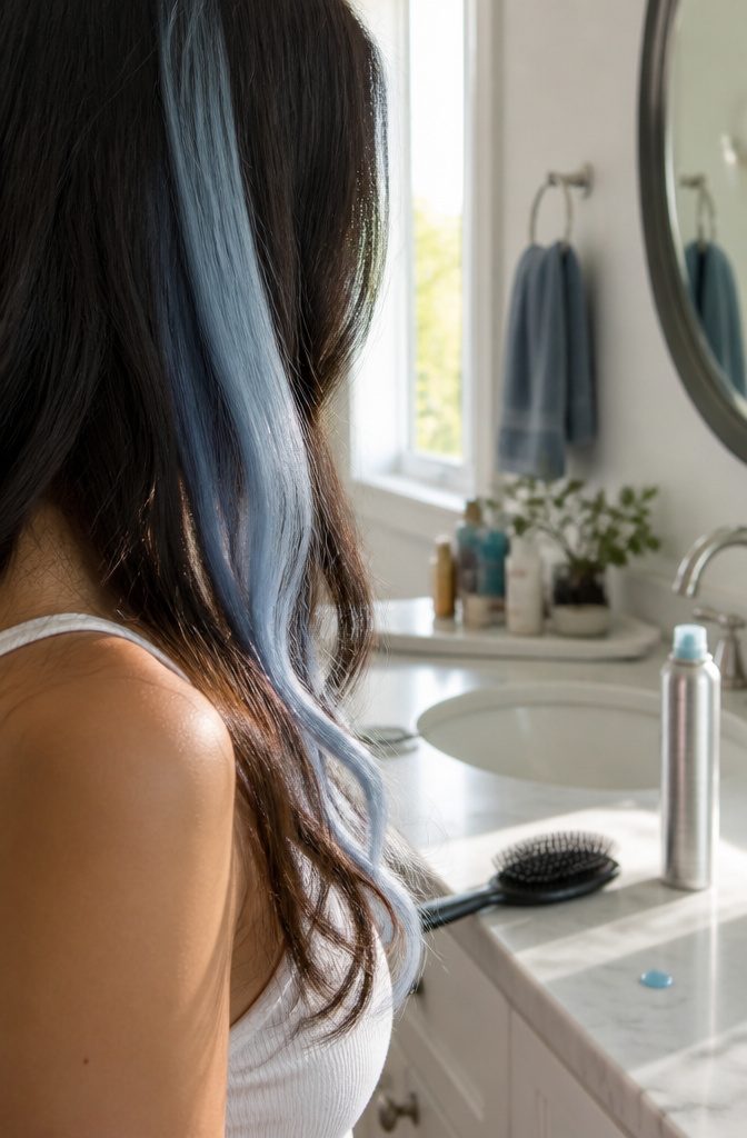 Pale blue streak beside the face against a darker natural base
