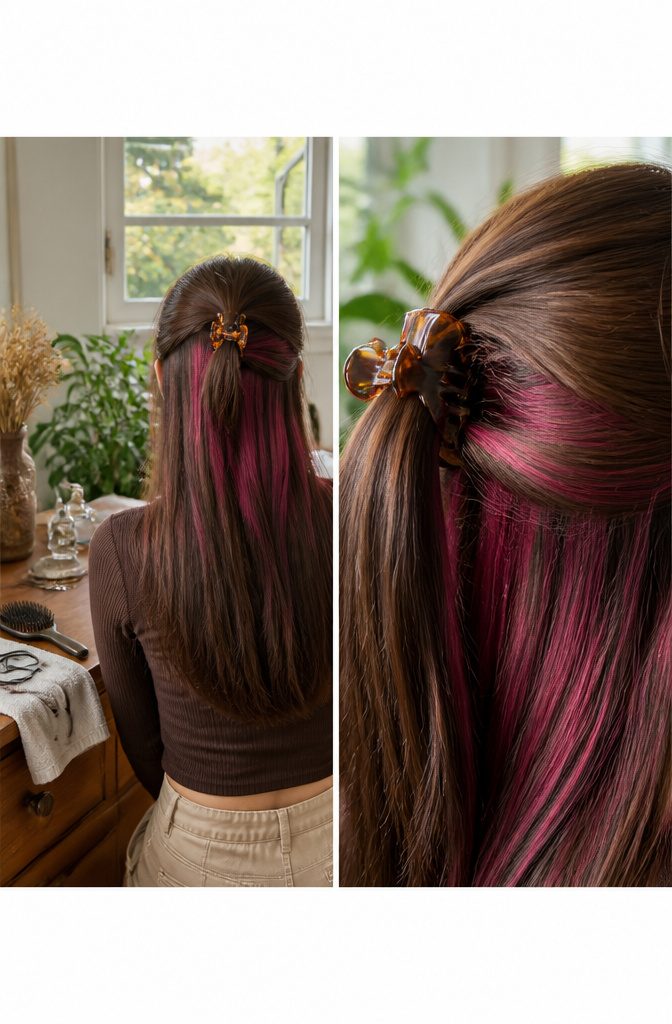 Colored underlayer visible beneath dark hair