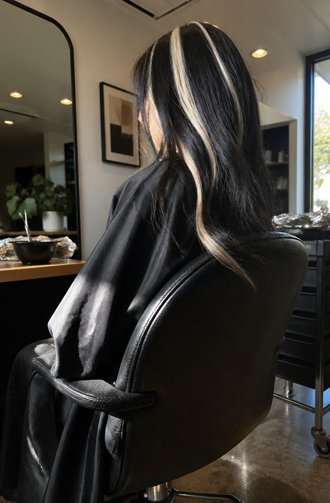 Platinum blonde sections against black or deep brown hair