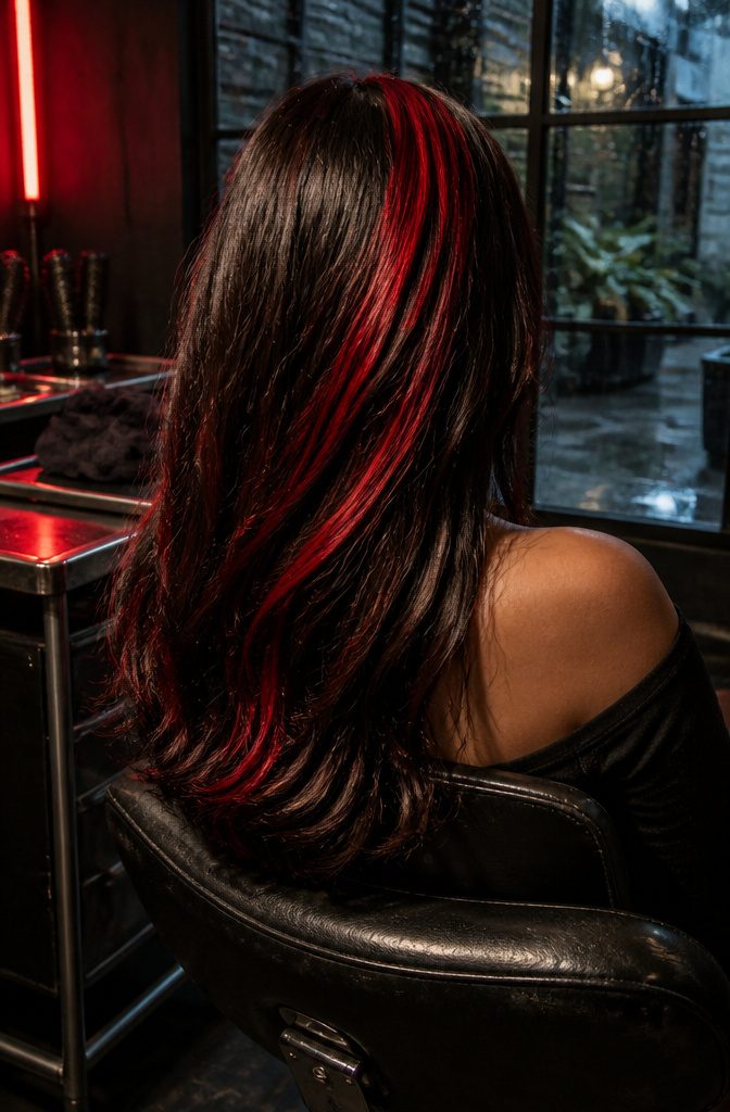 Bright ruby-red streak against black hair