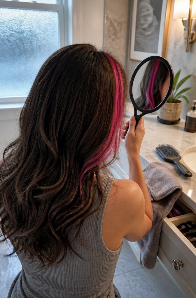 Single bright hair section beside the face against natural hair
