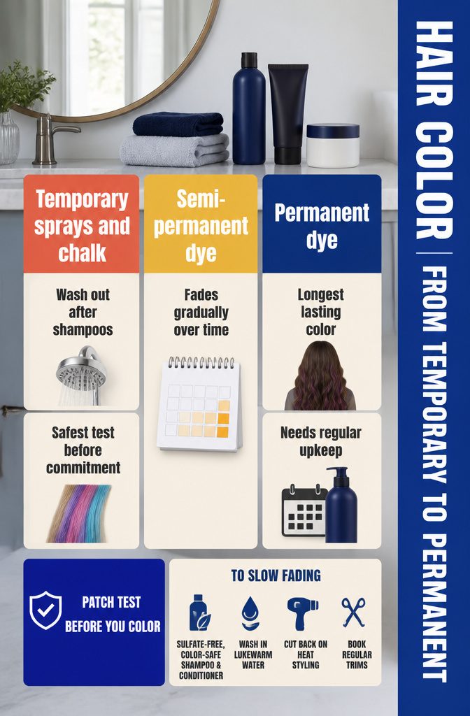 Hair color chart showing temporary semi-permanent and permanent options